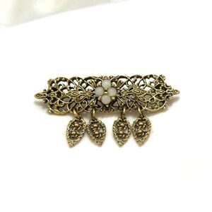 Art Nouveau Inspired Gold Tone Brooch with Opalite and Dangling Leaves